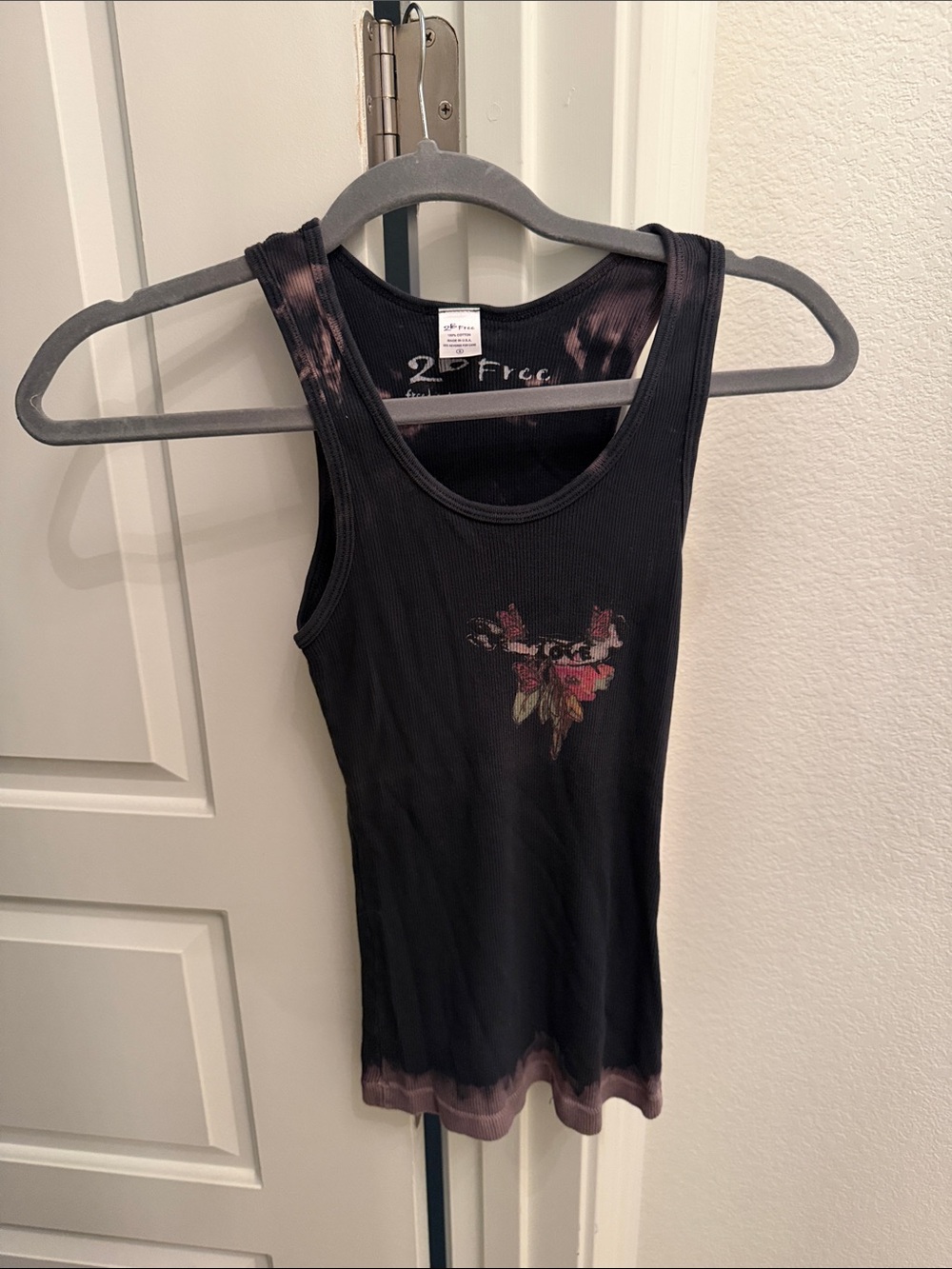 Vintage Free People Black Tank with Faded Pink Floral Graphic
